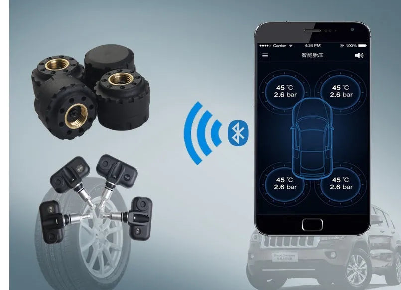 Bluetooth wireless tyre pressure monitoring system with built-in or external sensors and 5+ year battery life