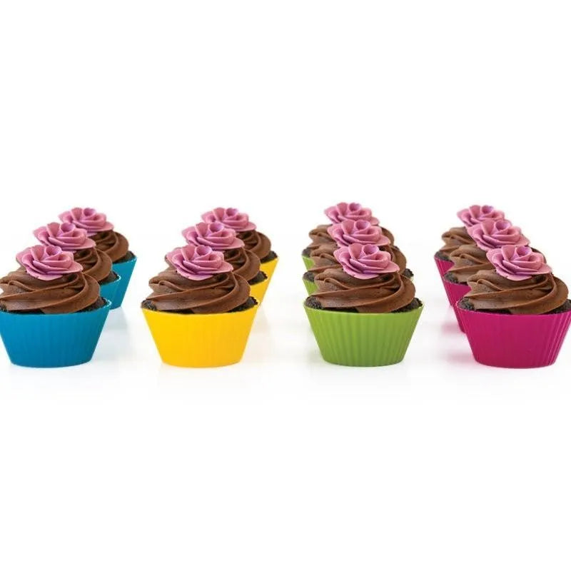 Twelve reusable silicone cupcake liners in six colours, two cups per colour, with a nonstick surface.