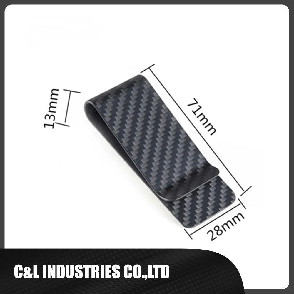Black carbon fiber money clip with glossy striped surface, 7.1cm high, 2.8cm long, 1.3cm wide
