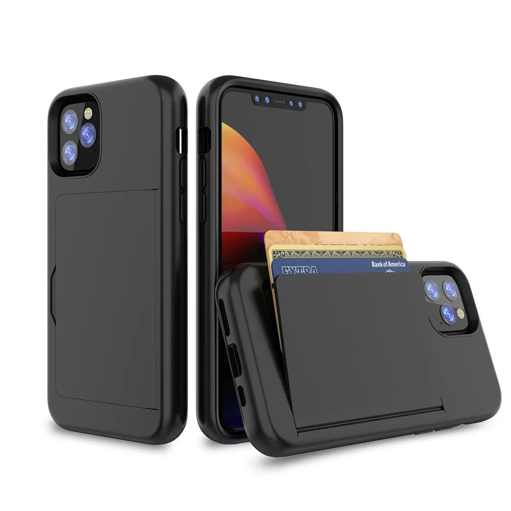 Black solid colour TPU and PC phone case for Apple iPhone 11 series models on a white background.