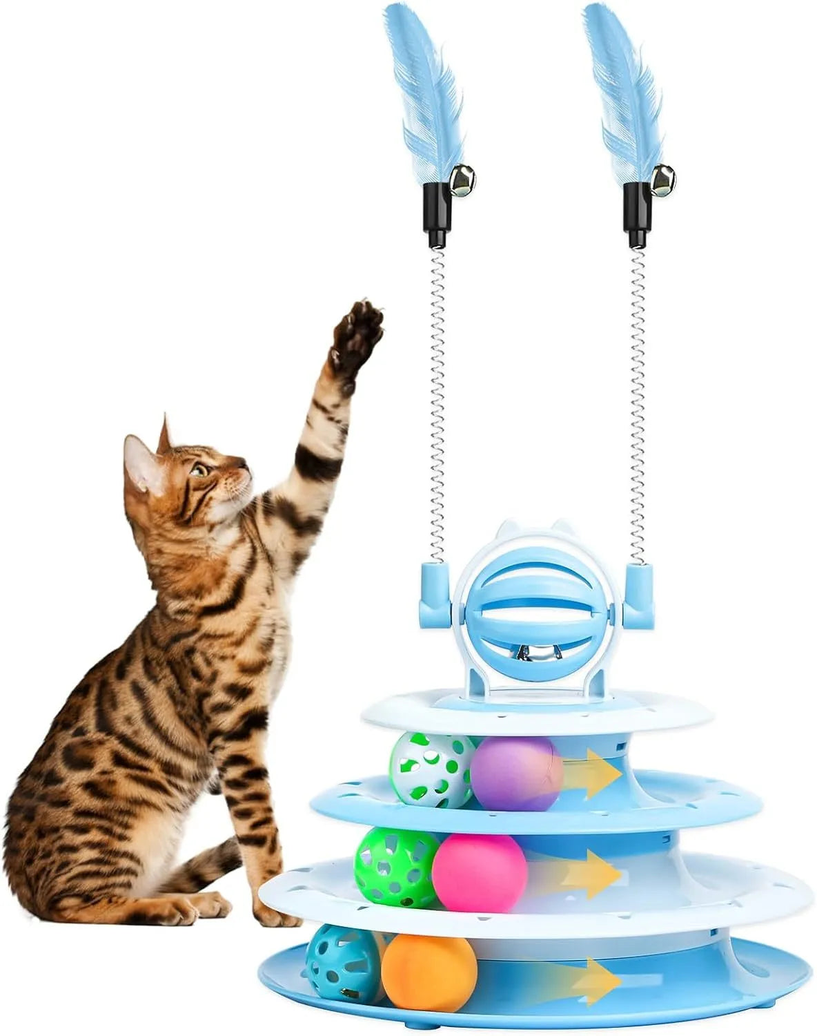 Blue four-tier rotating cat carousel toy with six coloured balls, a top bell, and two teasing rods on a non-slip base.