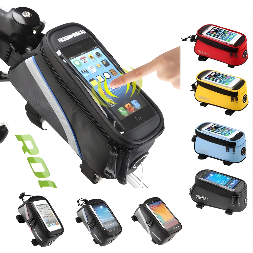 ROSWHEEL black PVC bicycle frame bag holding an iPhone on a bike top tube