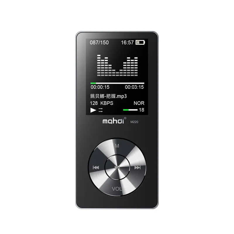 Gold, silver, and black all-metal MP3 player with 1.8-inch screen showing menu.