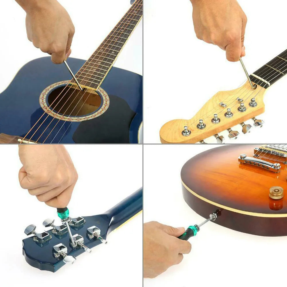 Open black guitar repair kit showing truss rod wrench, string action ruler, and cleaning tools in moulded plastic case