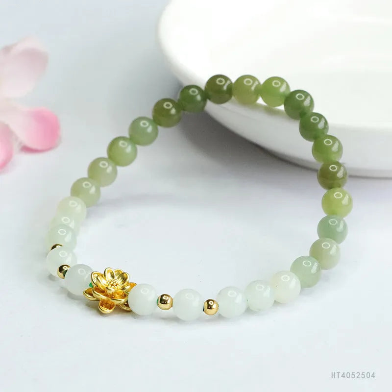 Hetian jade bracelet with water gradient colour and floral beads in ancient national style