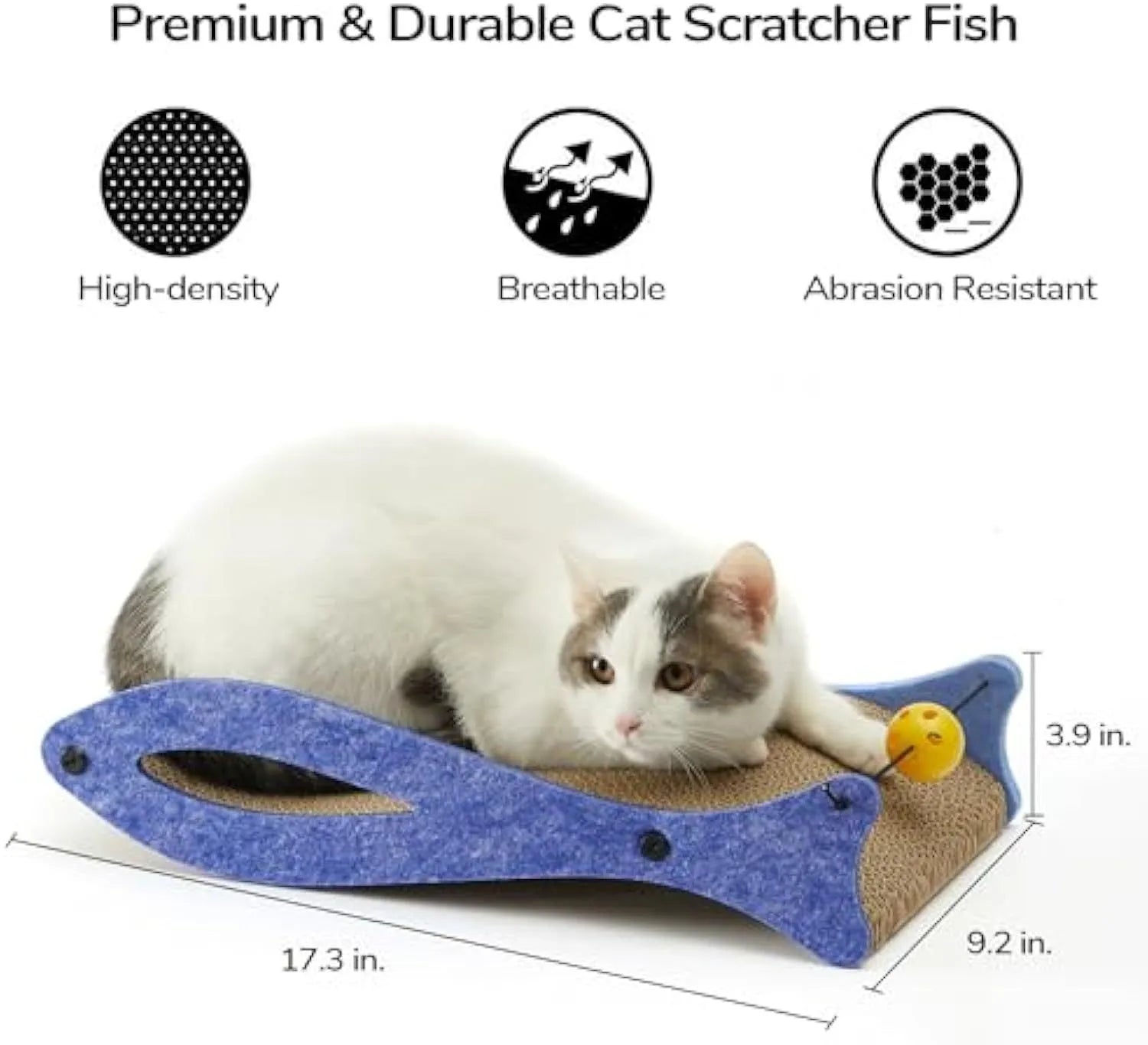 Blue fish-shaped cardboard cat scratcher lounger with a dangling bell toy for indoor cats.