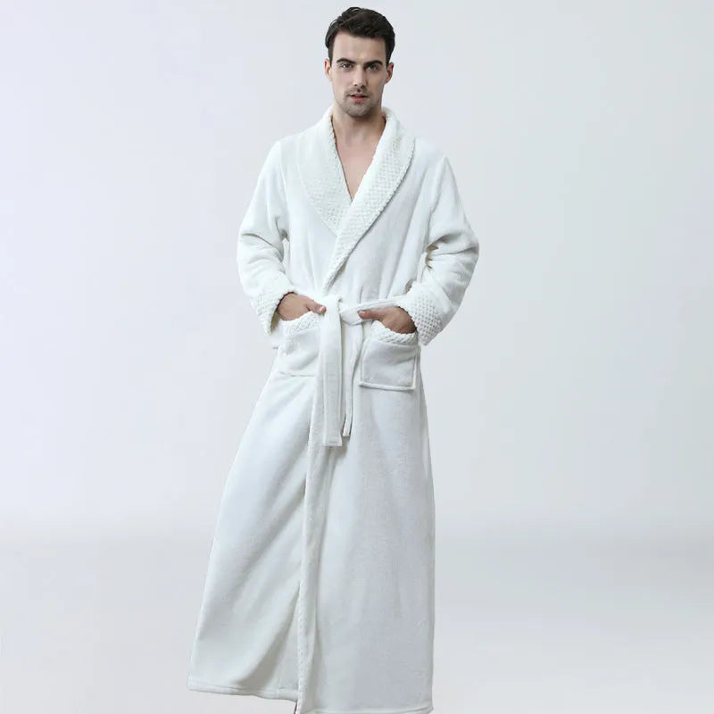 Men's winter coral fleece nightgown in gray, cardigan style with long sleeves, knitted flannel fabric