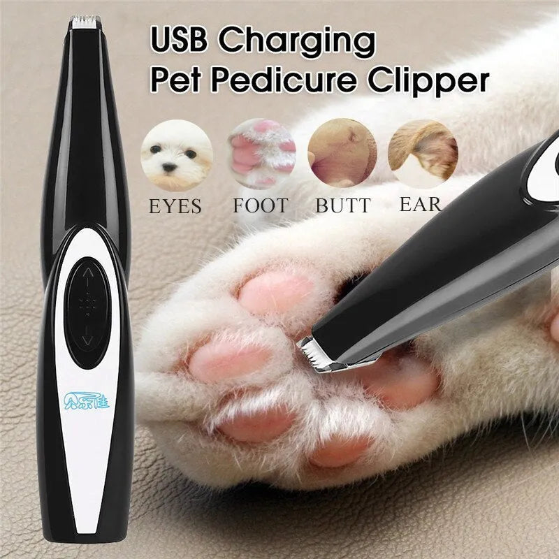 Black pet hair clippers with ceramic blade, ABS plastic body, USB charging, and 300mA current rating