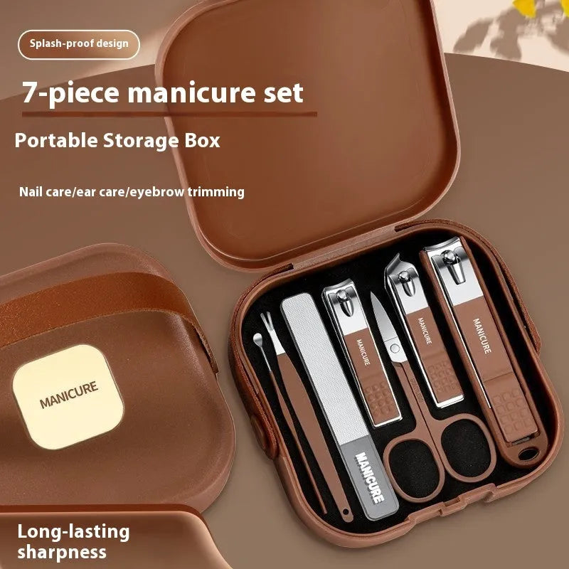Anti-splash portable household fingernail maintenance kit with seven manicure tools in brown, white and green colours