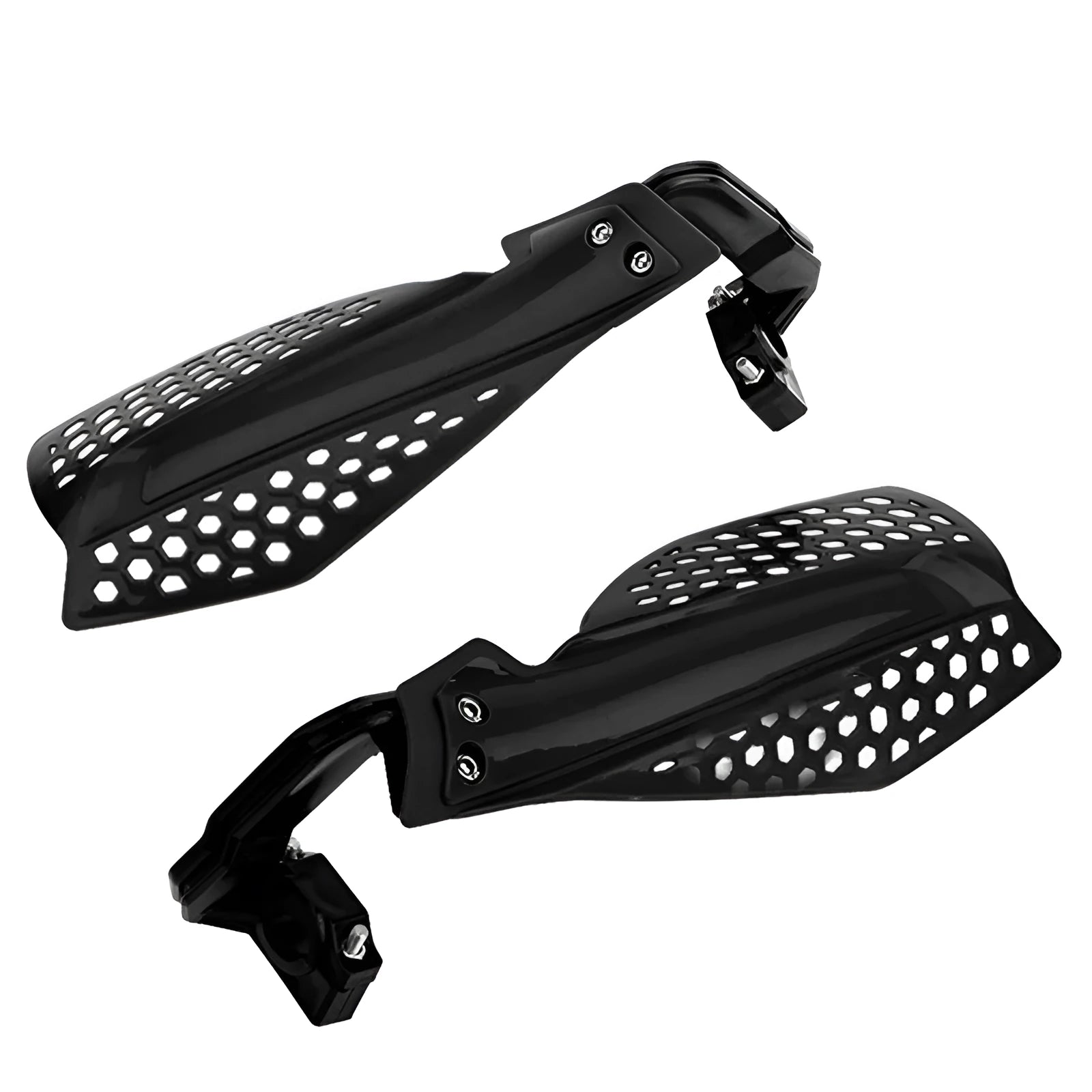Plastic motorcycle hand guards in black and orange for universal handlebar fit