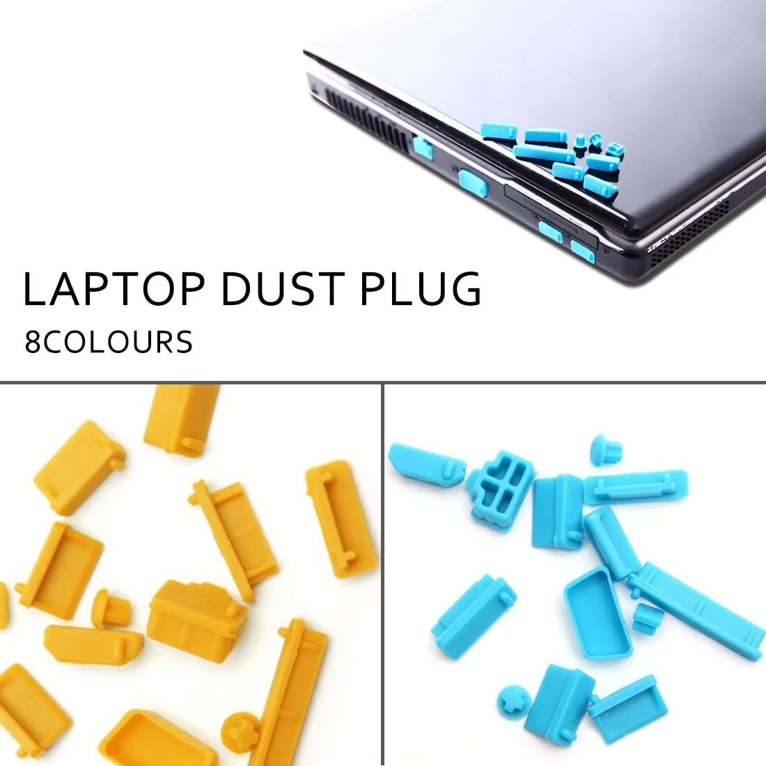 13-piece silicone laptop dust plug set for VGA USB HDMI audio RJ45 SD and 1394 ports in transparent and colours
