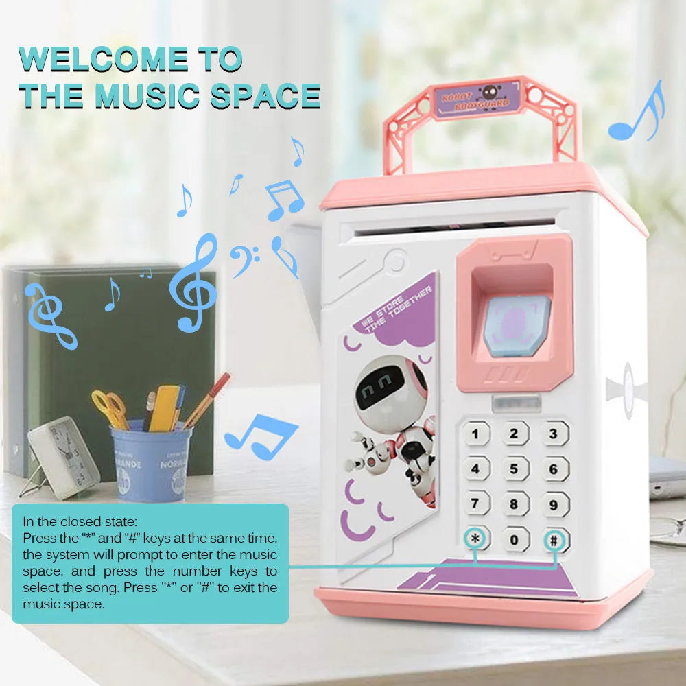Blue plastic electronic piggy bank with fingerprint scanner and ATM keypad, 13cm height