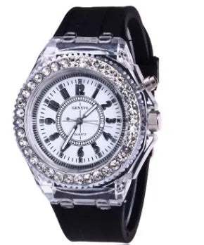 Women's LED luminous quartz watch with round 43mm alloy case and silicone strap in multiple colour options