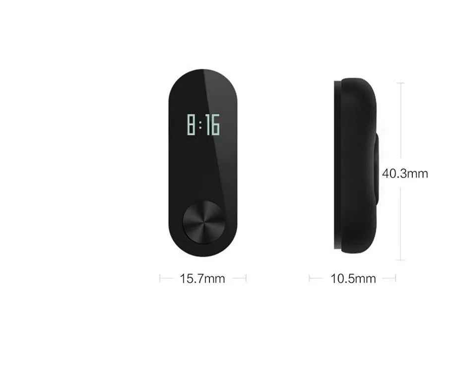 Xiaomi Mi Band 2 black smart band with OLED screen on an adjustable grey wrist strap.