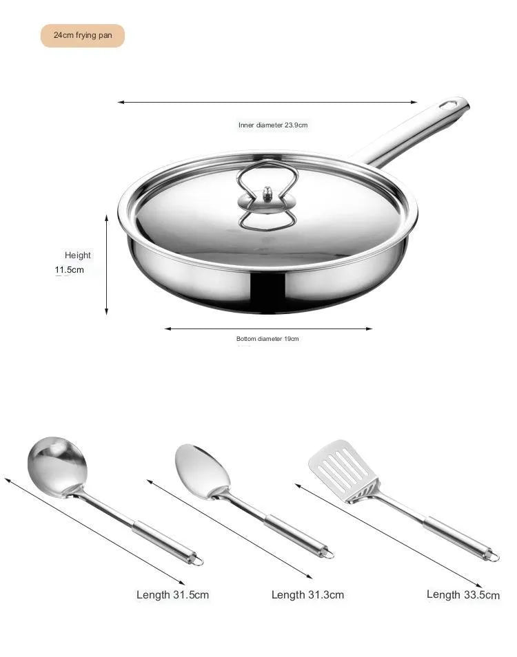 15-piece stainless steel non-stick cookware set with glass lids, spoons, and shovel on a table