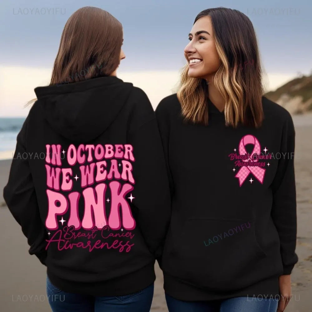 Pink Breast Cancer Awareness pullover hoodie with side seam pockets and hot stamping decorative elements