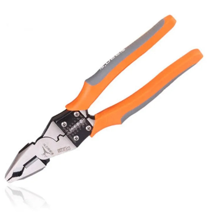 Orange multi-function wire cutter pliers with alloy steel head and plastic handles on a workbench