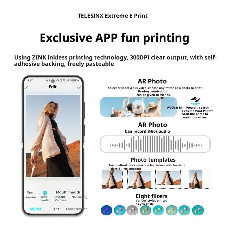 Pocket photo printer in plastic casing with carry-on bag and photo paper on table