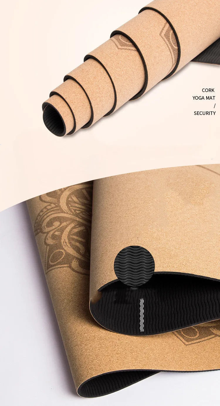 Cork yoga mat 183cm x 66cm x 6mm with black cork surface and TPE bottom layer.