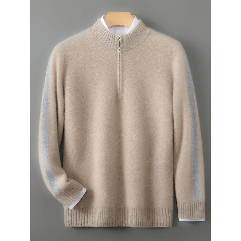Men's slim fit half zip wool sweater in grey, showing round neck and regular sleeves.