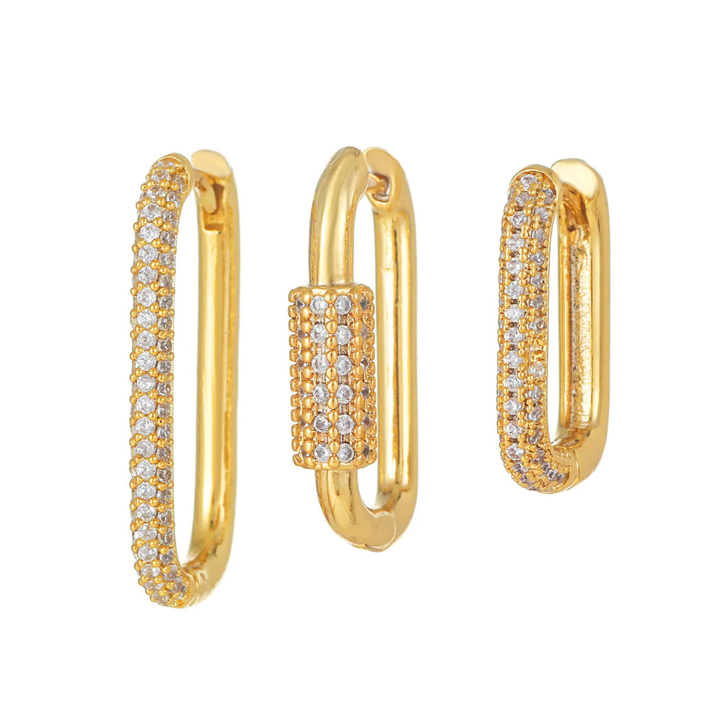 Three geometric square ear clips with micro inlaid zircon in gold and white K colours