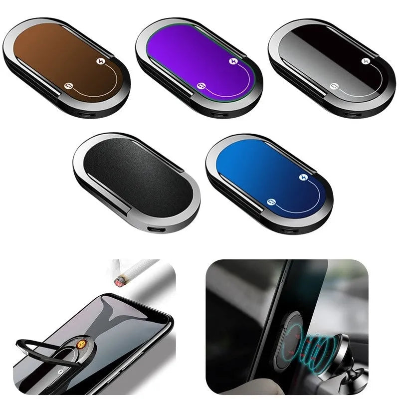 Portable USB plasma lighter with mobile phone holder, aluminium alloy, black ice colour