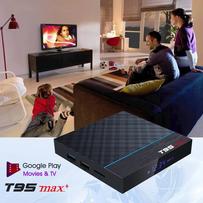 Black T95 Max Plus Android TV Box with Amlogic S905X3 processor, shown with regional power plug options.