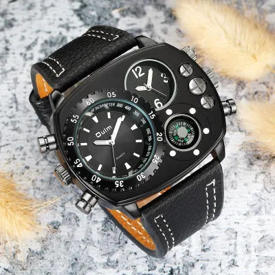 Men's quartz sports watch with leather strap, alloy case, 45mm dial, black or white option