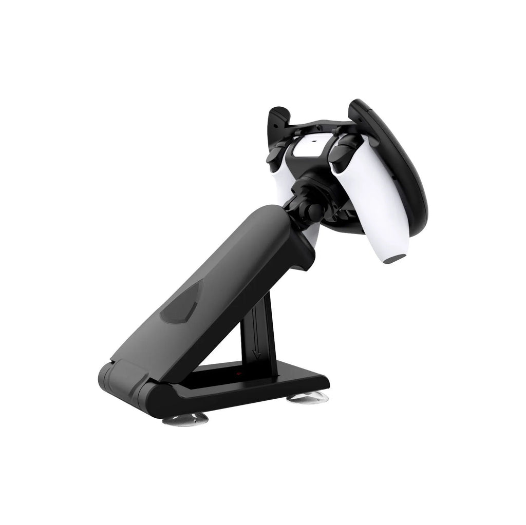 Black ABS plastic gamepad steering wheel bracket with a large white suction cup on its base.