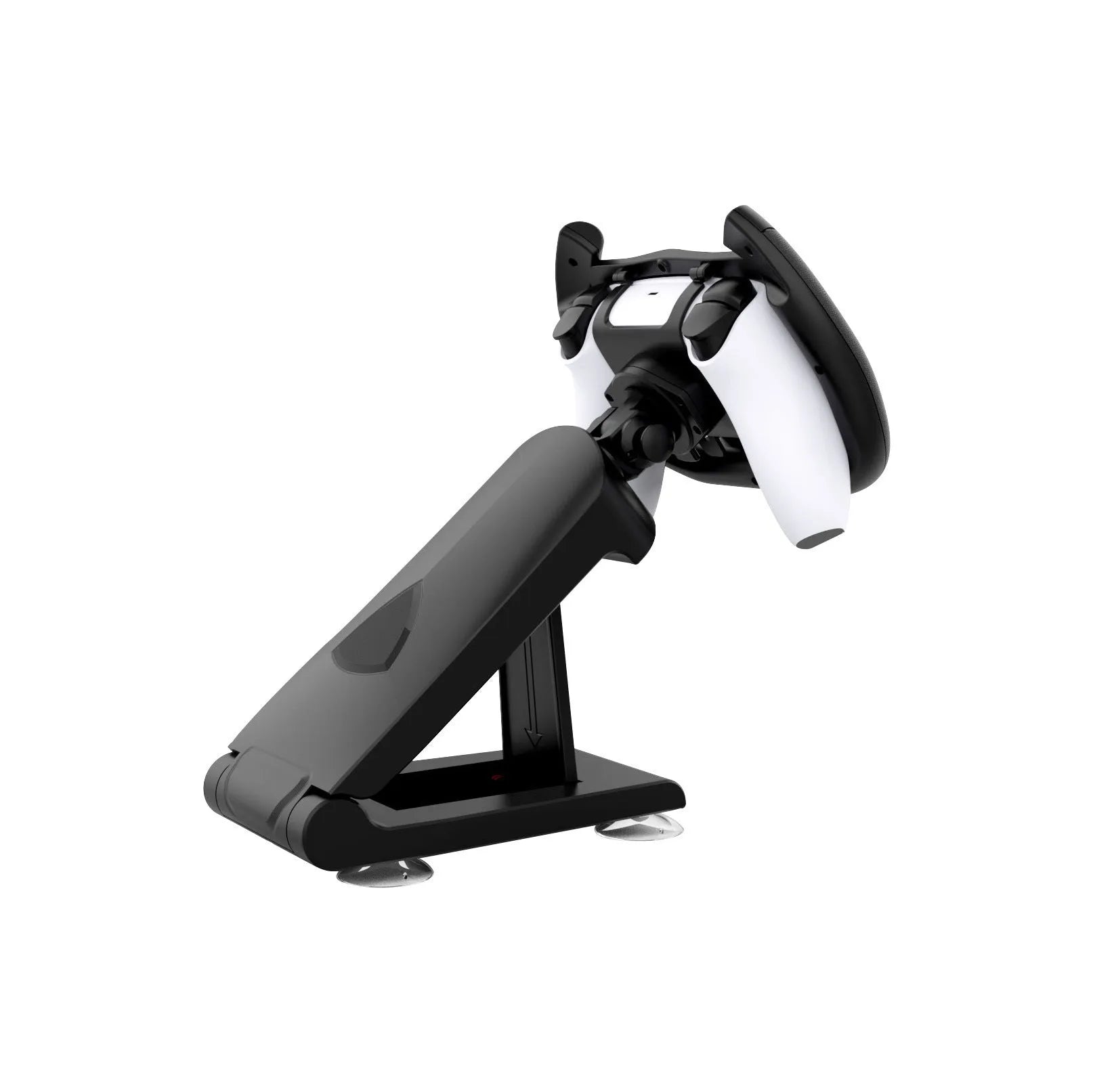 Black ABS plastic gamepad steering wheel bracket with a large white suction cup on its base.