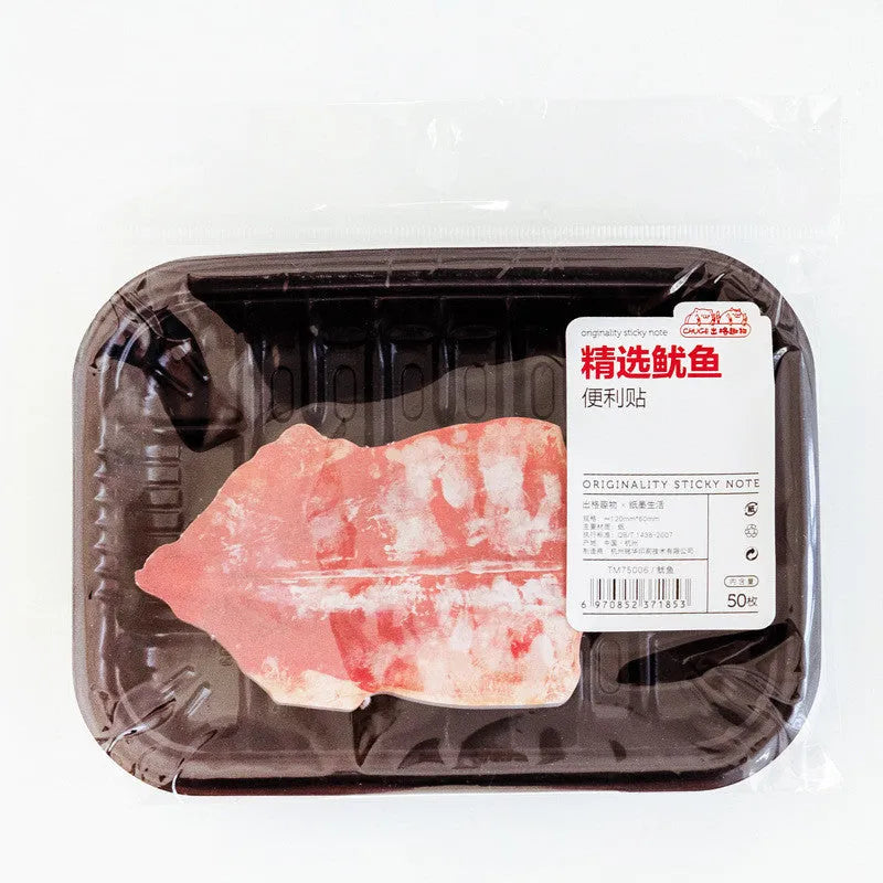 Post-it message notepad with food-themed cover design showing bacon, salmon or pork belly illustration