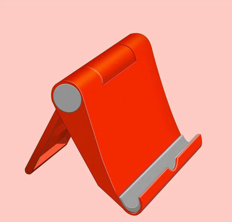 Black PE folding phone and tablet stand with soft rubber backing, shown at an adjustable angle.