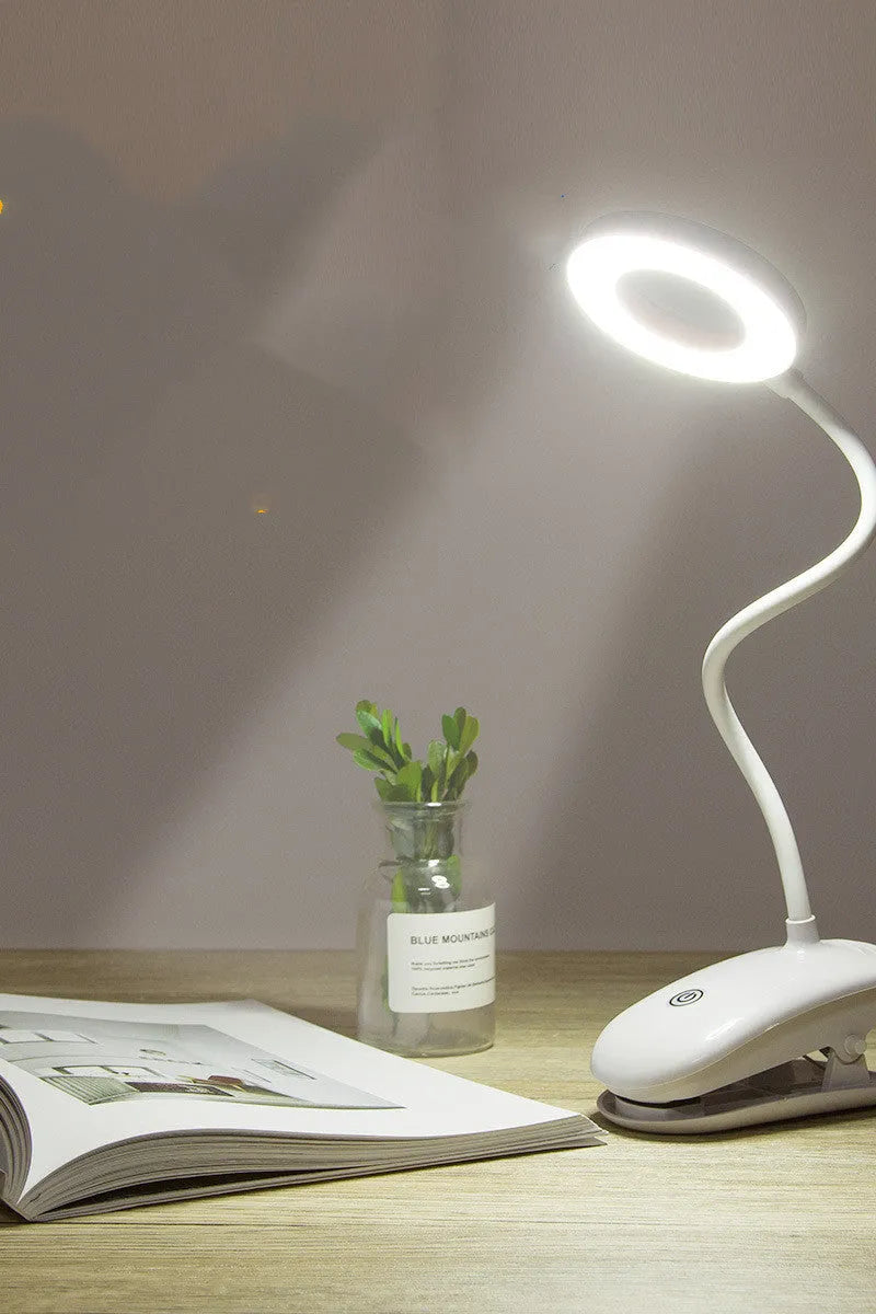 Modern clip-on rechargeable desk lamp with touch switch and plastic shade in multiple colour temperature options