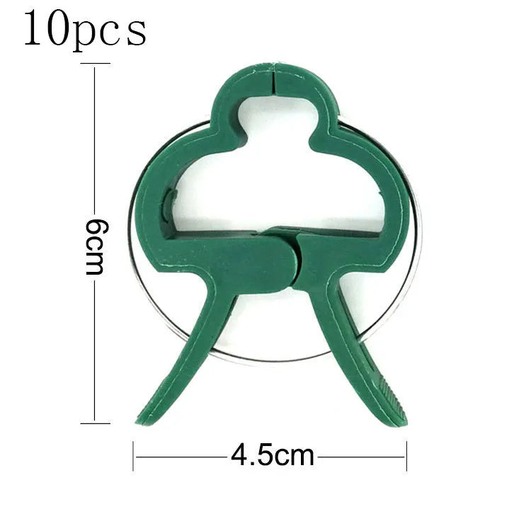 Green plastic and zinc plant fixing clips for supporting climbing tomato and cucumber vines.