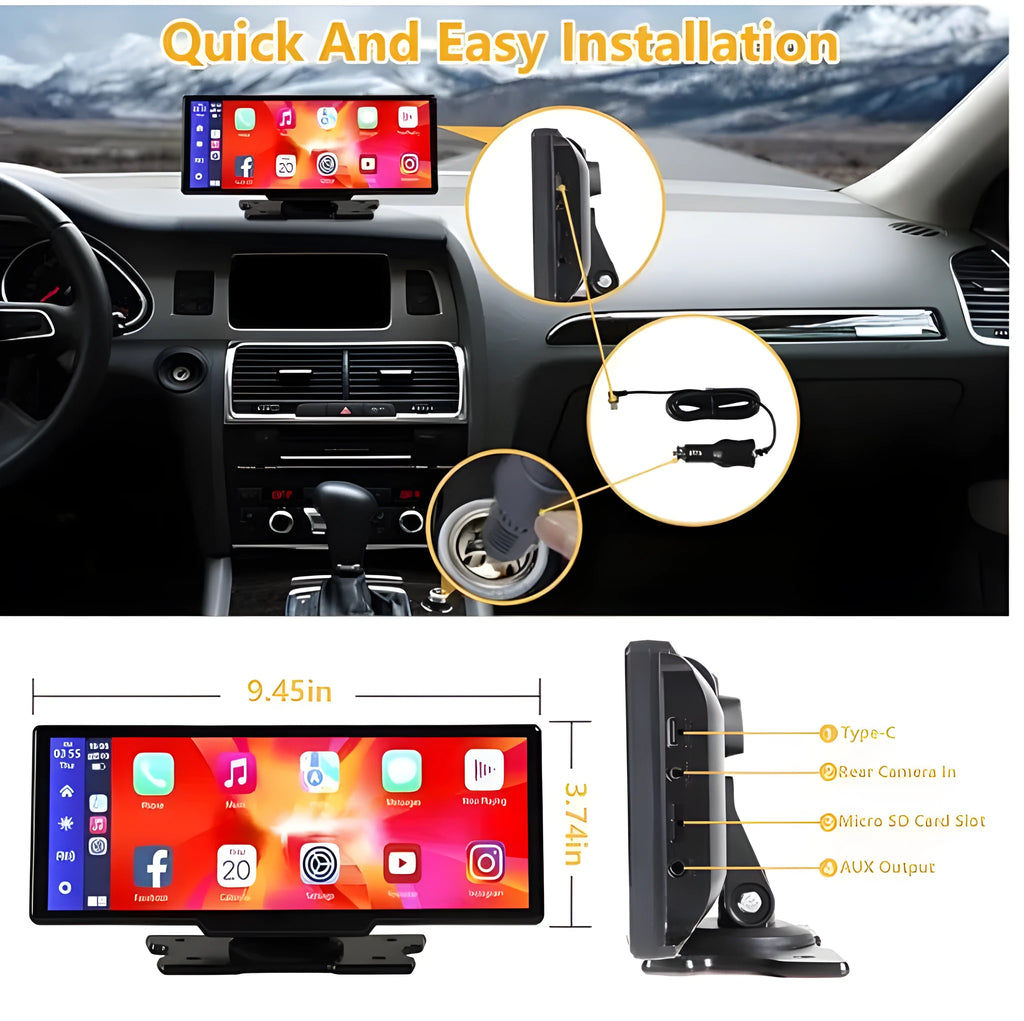 Black portable wireless CarPlay screen with 9.3in Ultra HD touch display, 2.5K front camera and 1080P rear camera