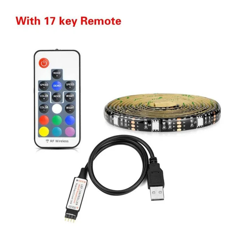 Flexible cuttable LED strip light with 30 beads per metre, bent to show adhesive backing for TV installation.