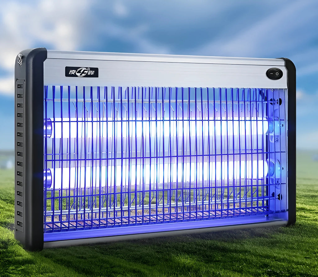 Electric mosquito killing lamp with UV light and high-voltage grid for indoor fly and mosquito control.
