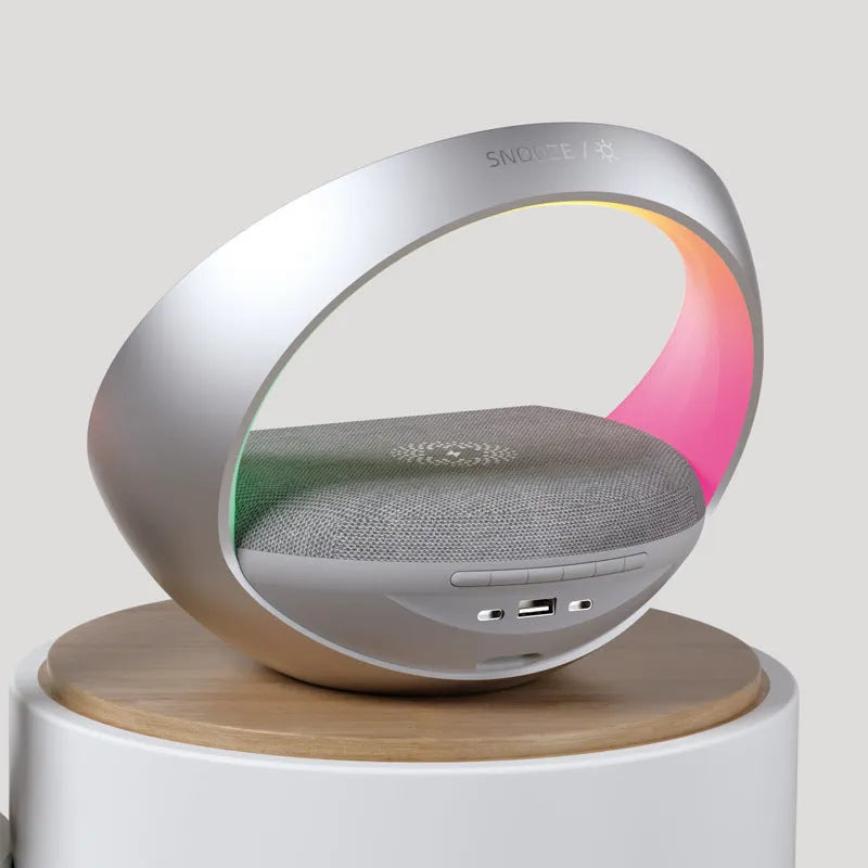 Multifunctional wireless charger clock with Bluetooth speaker, wake-up light, 15W charging, Beige and Gray, 220x176x187mm