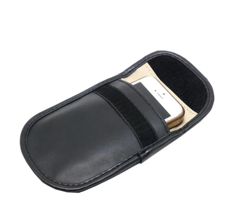 Black microfiber Faraday cage bag for blocking phone and card signals, shown closed.