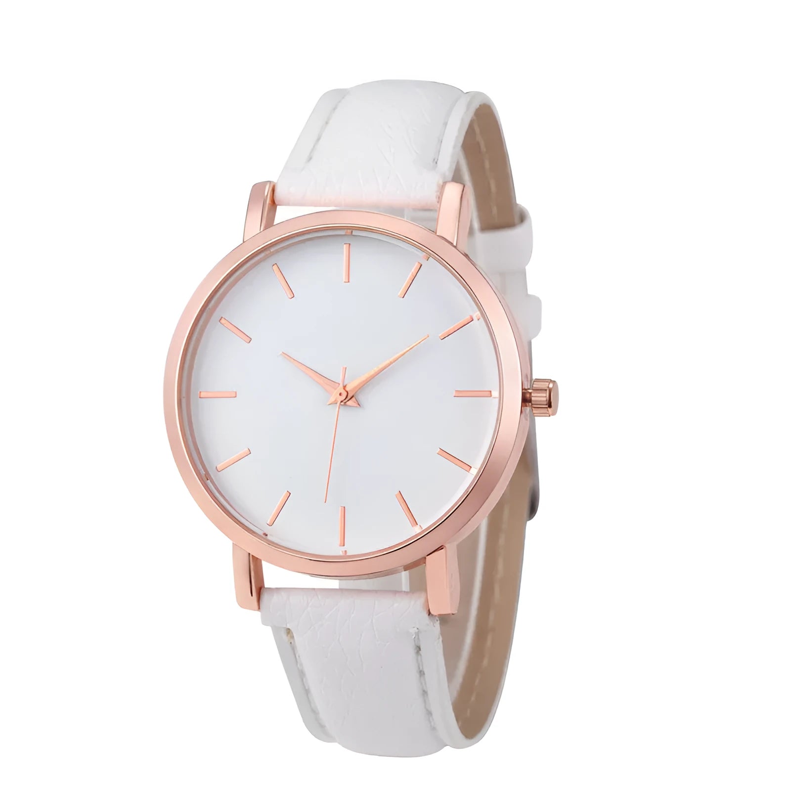 Square quartz watch with PU leather strap and alloy case in a selection of colours on a white background.
