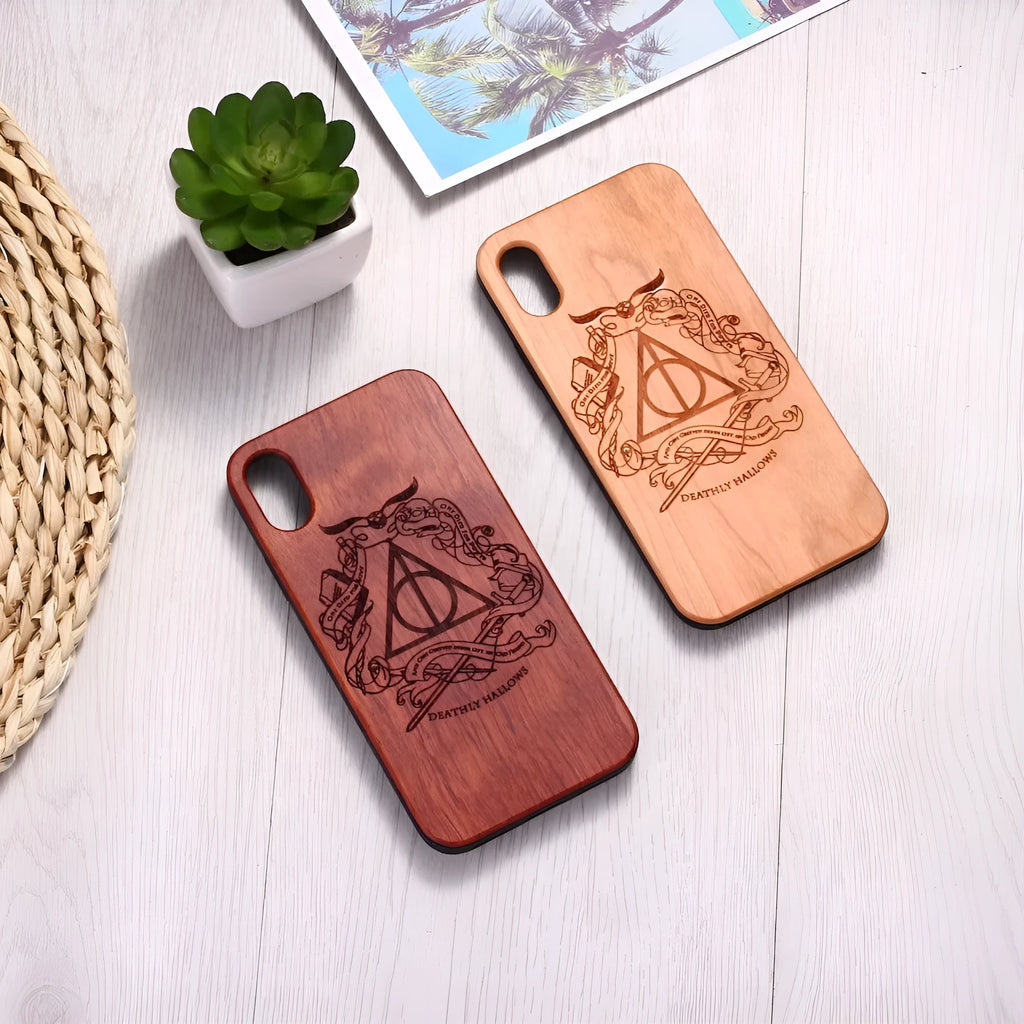 Wooden phone case with laser carved pattern in cherry wood finish for iPhone