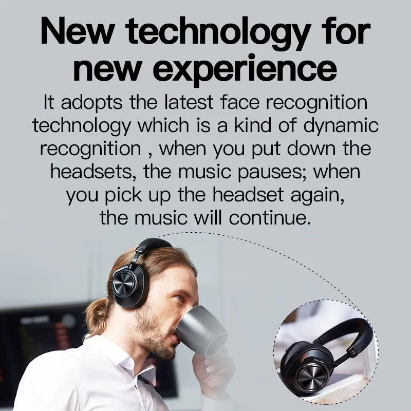 T7 Bluetooth wireless headset in black with adjustable headband and foam ear cushions