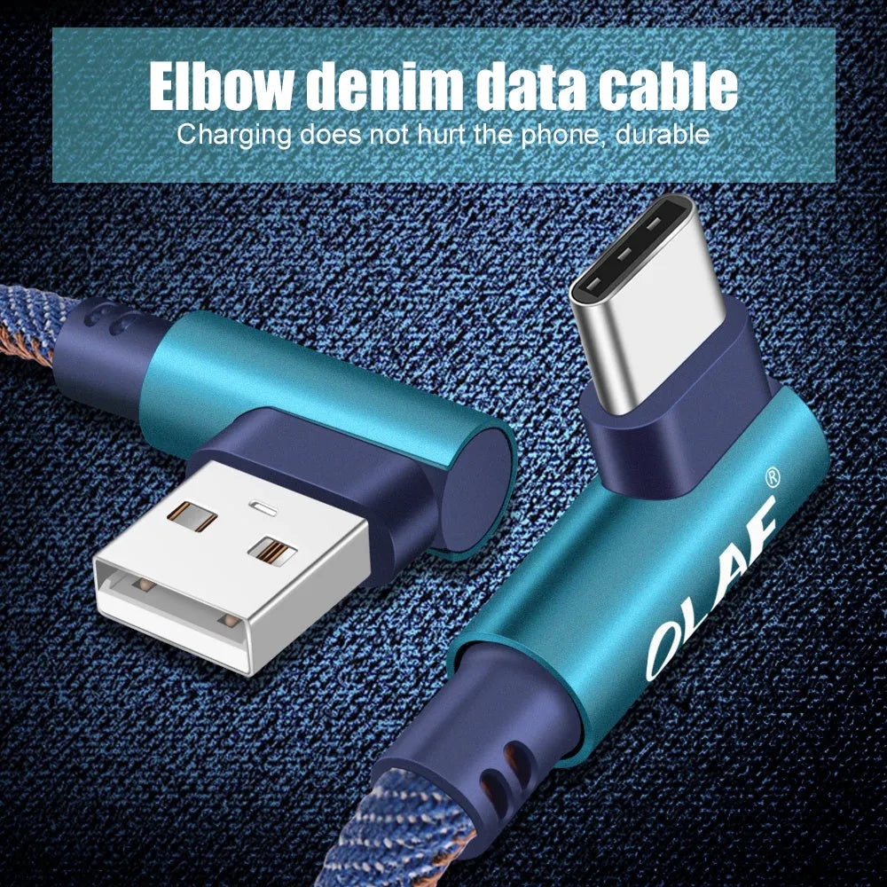 Denil fabric braided USB fast charging cable with aluminium alloy connectors in black and blue.