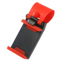 Black universal car steering wheel clip mount holder showing a mobile phone securely attached.