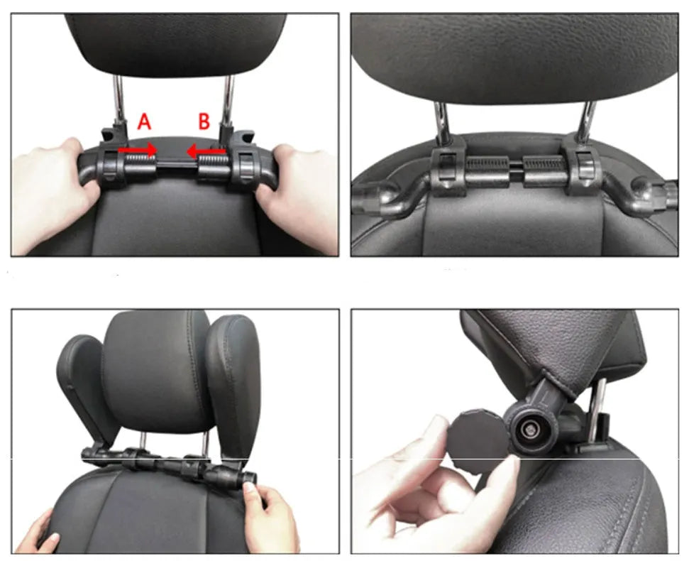 PU leather car headrest pillow with adjustable side support, 14x14cm, universal fit for car seats with 10-18cm headrest rod distance