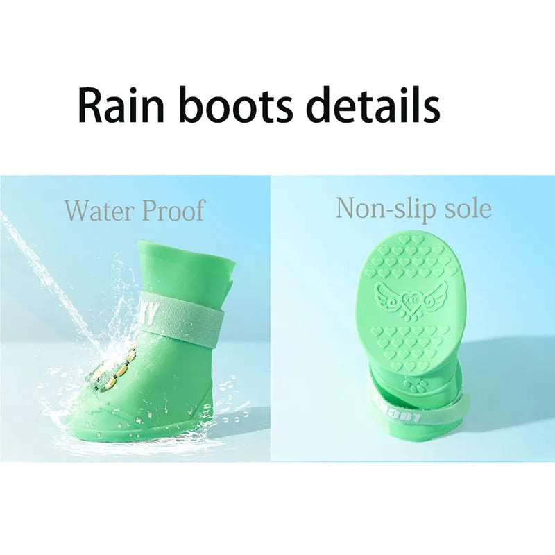 Waterproof anti-slip silicone pet rain boots, 4PCs, blue green pink yellow, sizes L to 5XL