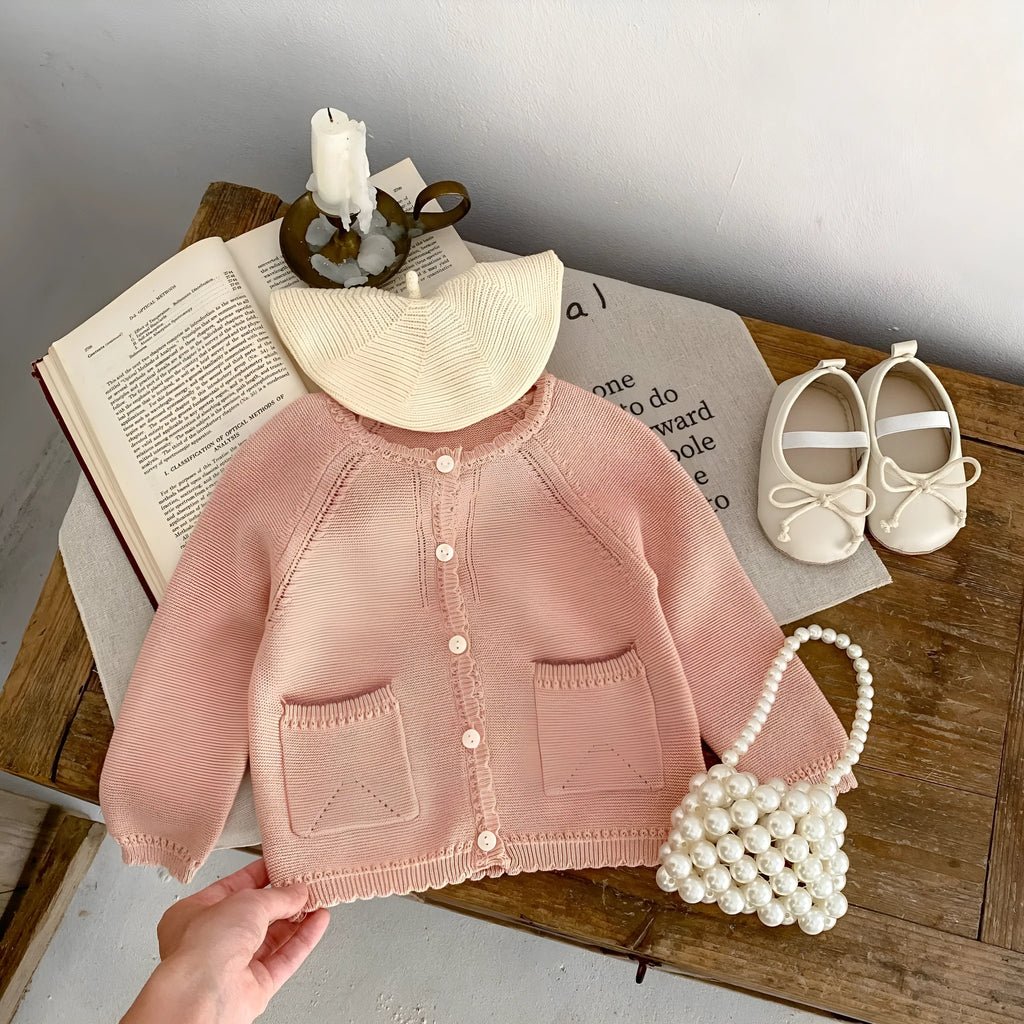 Baby girl cotton knit cardigan in lotus root pink, single-breasted long sleeve, sizes 66cm to 100cm