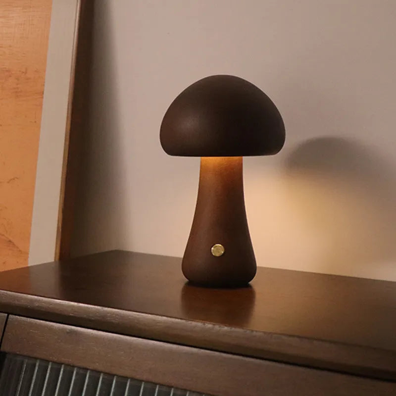 Wooden mushroom-shaped LED night light with touch switch on a bedside table, beech finish, 165 x 100 mm