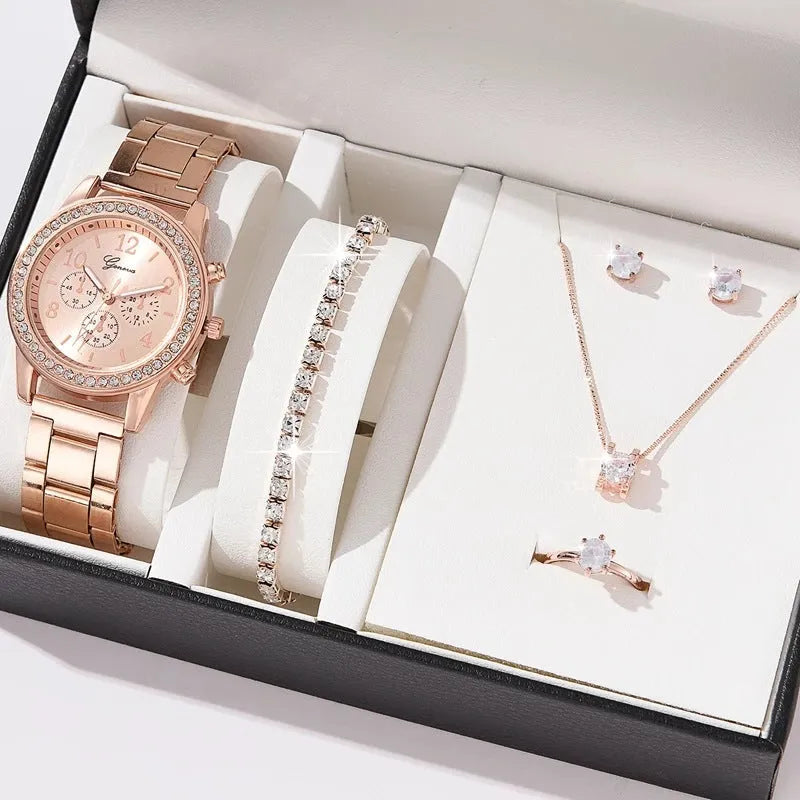 Women's casual quartz watch suit with 36mm dial, 8mm alloy watchcase, bracelet, earrings, necklace, and ring in silver, rose gold, or gold