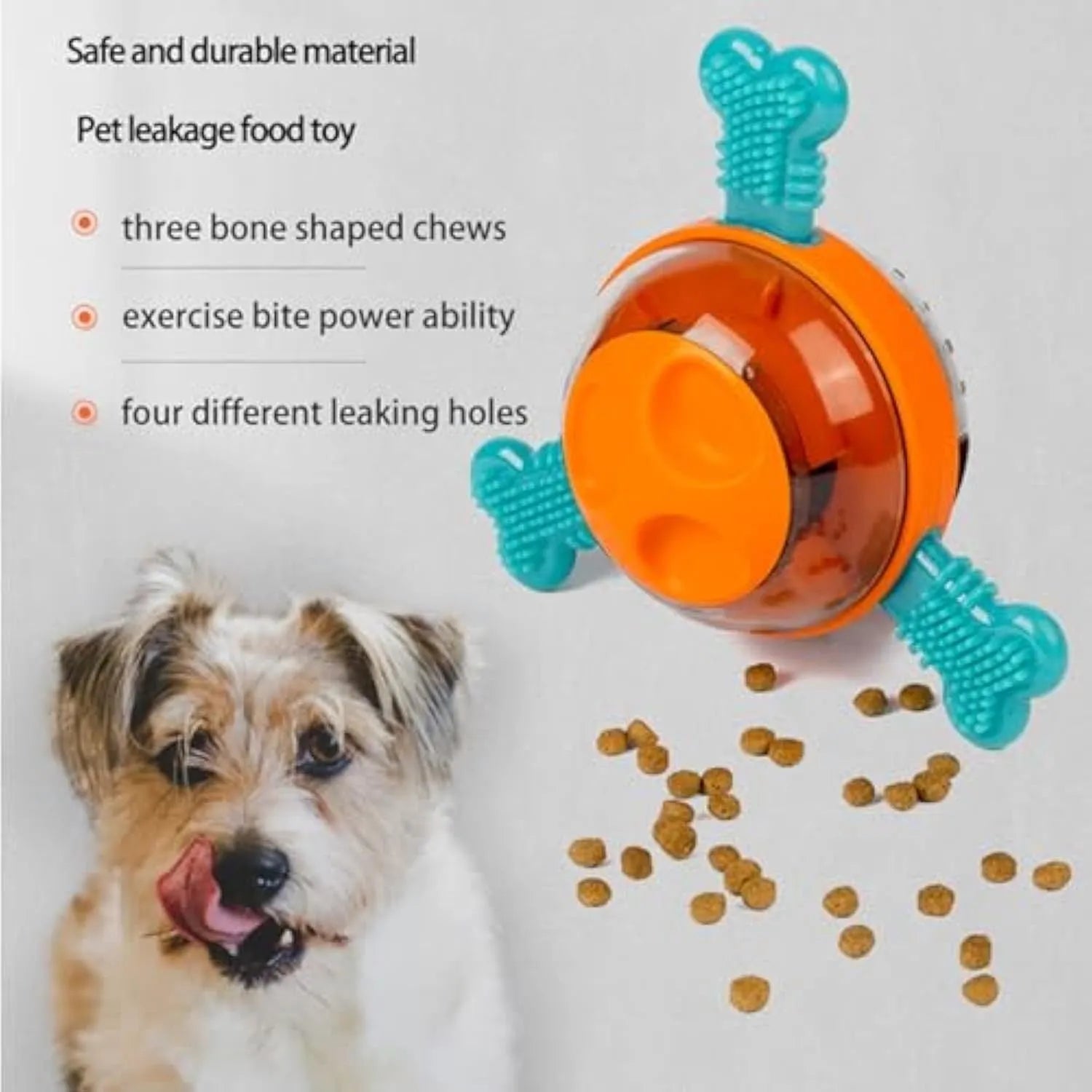 Blue interactive dog chew toy with rubber bones, acting as a puzzle feeder and slow treat dispenser.